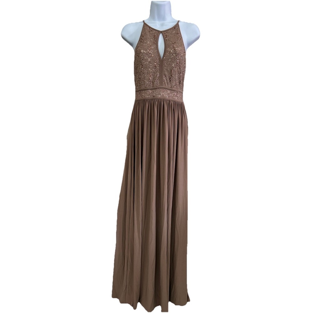 Morgan & Co size 4 keyhole lace sequins tie back halter‎ maxi dress beige Prom